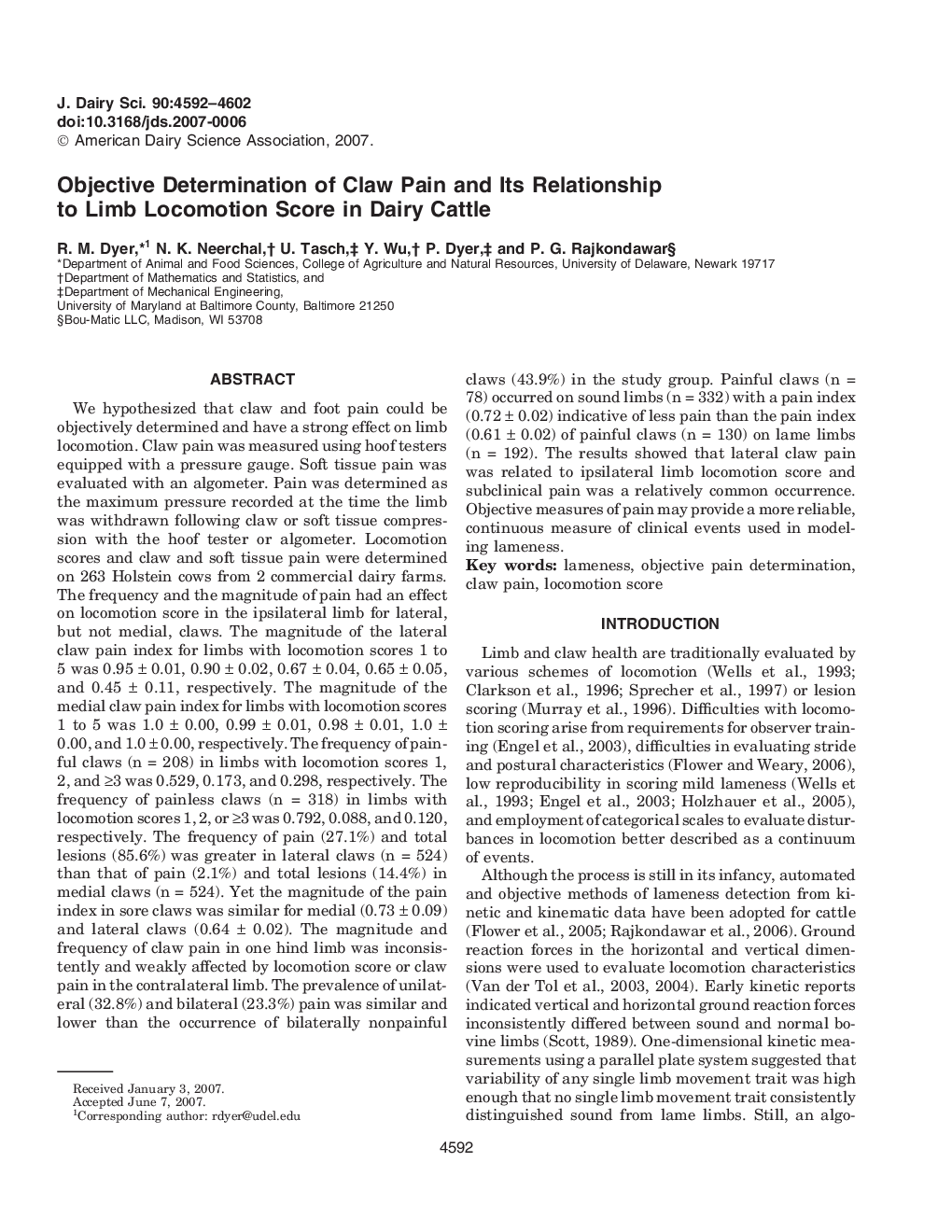 Objective Determination of Claw Pain and Its Relationship to Limb Locomotion Score in Dairy Cattle