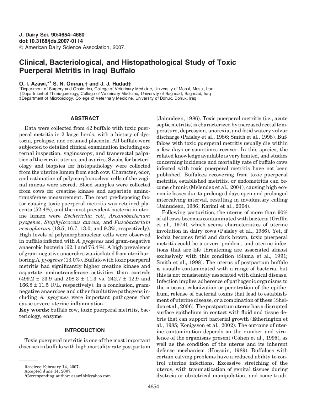 Clinical, Bacteriological, and Histopathological Study of Toxic Puerperal Metritis in Iraqi Buffalo