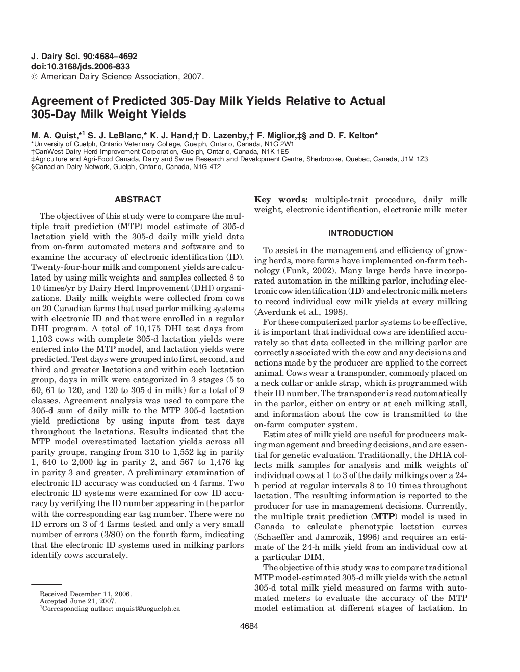 Agreement of Predicted 305-Day Milk Yields Relative to Actual 305-Day Milk Weight Yields