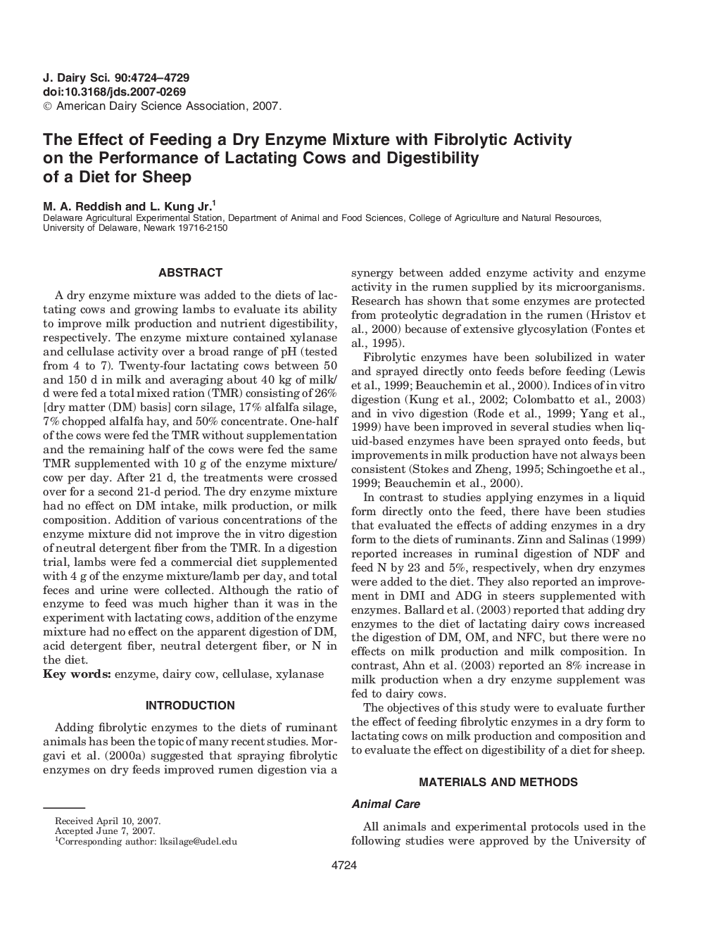 The Effect of Feeding a Dry Enzyme Mixture with Fibrolytic Activity on the Performance of Lactating Cows and Digestibility of a Diet for Sheep