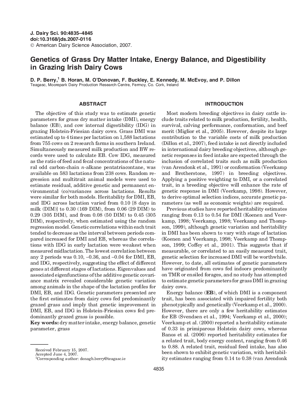 Genetics of Grass Dry Matter Intake, Energy Balance, and Digestibility in Grazing Irish Dairy Cows