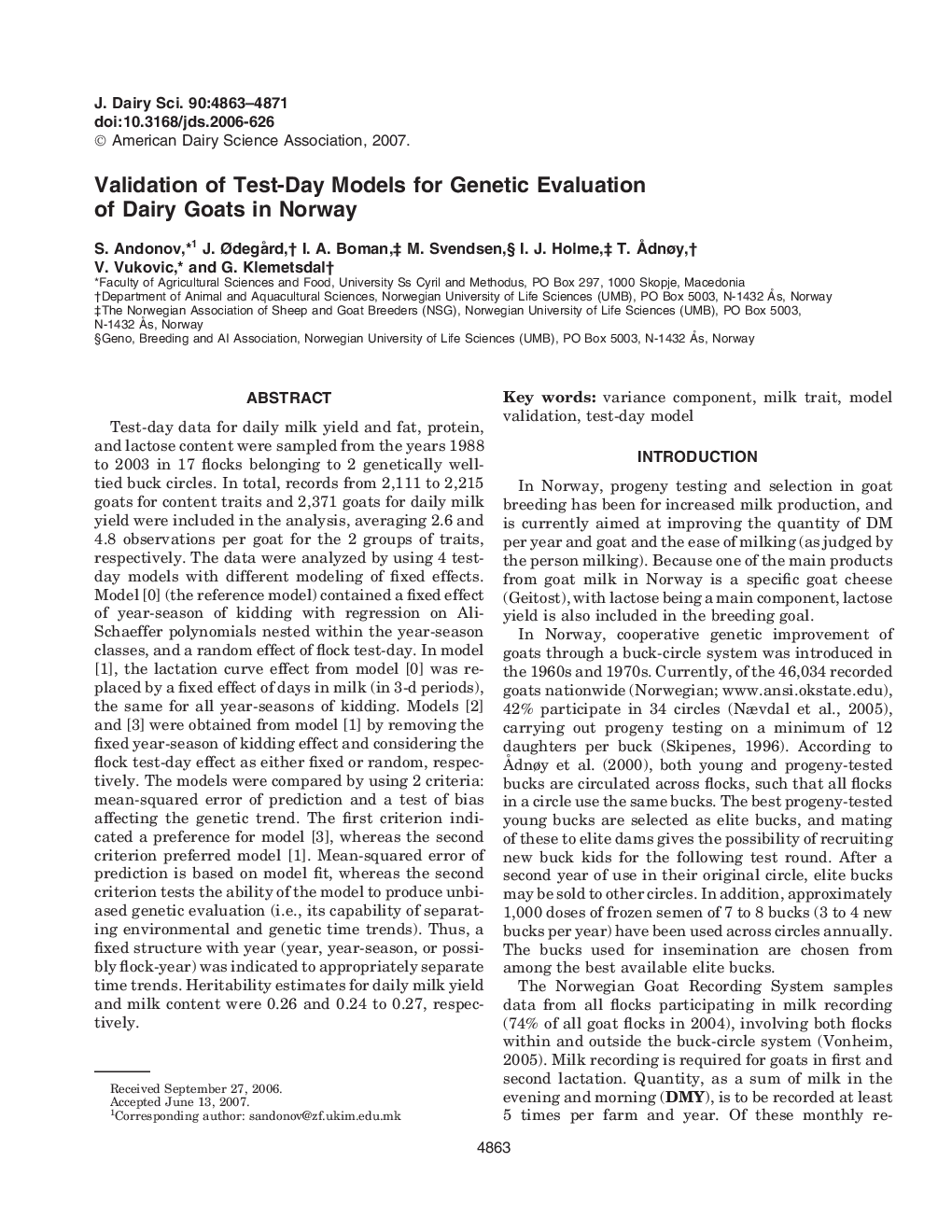 Validation of Test-Day Models for Genetic Evaluation of Dairy Goats in Norway