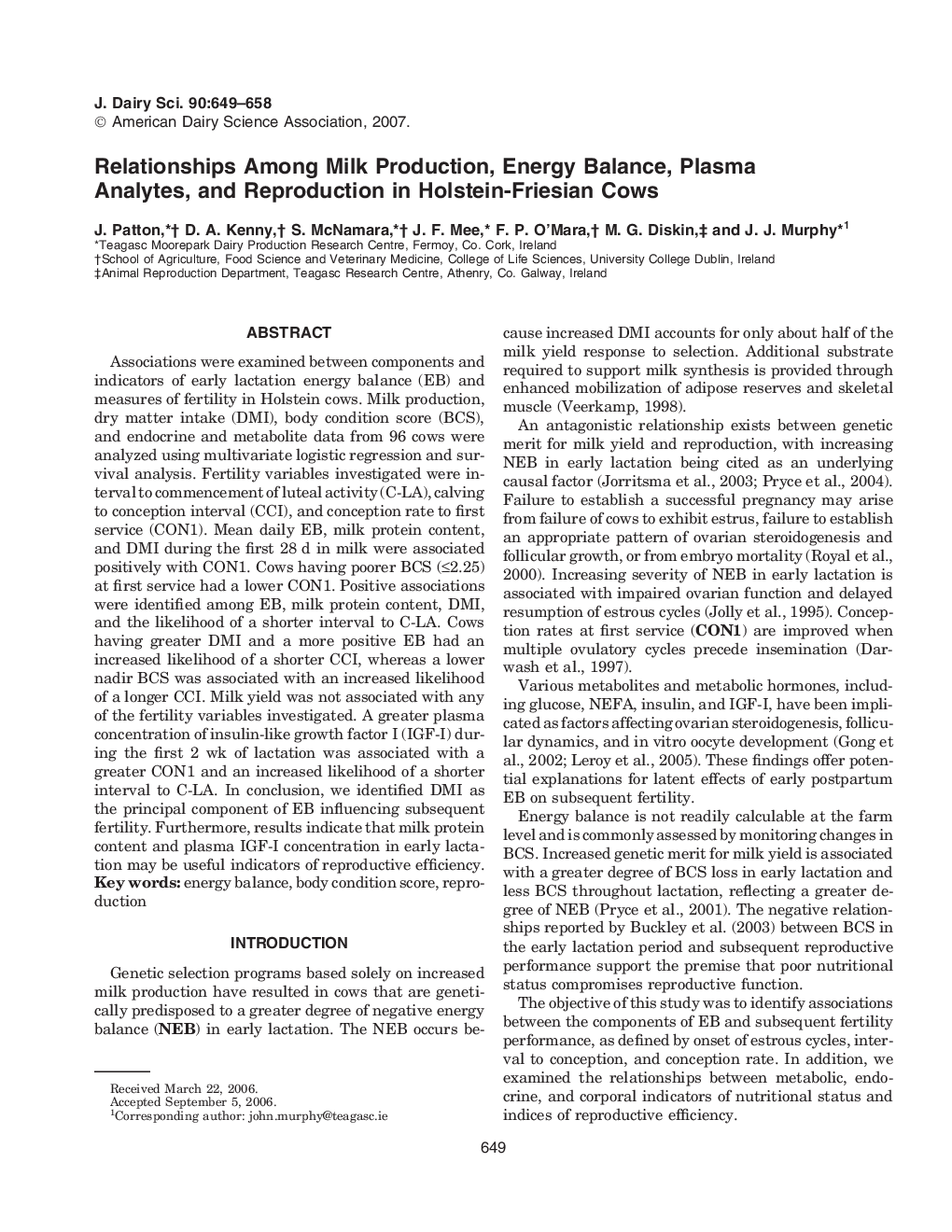 Relationships Among Milk Production, Energy Balance, Plasma Analytes, and Reproduction in Holstein-Friesian Cows