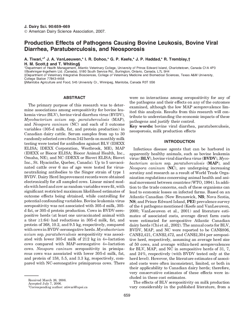 Production Effects of Pathogens Causing Bovine Leukosis, Bovine Viral Diarrhea, Paratuberculosis, and Neosporosis