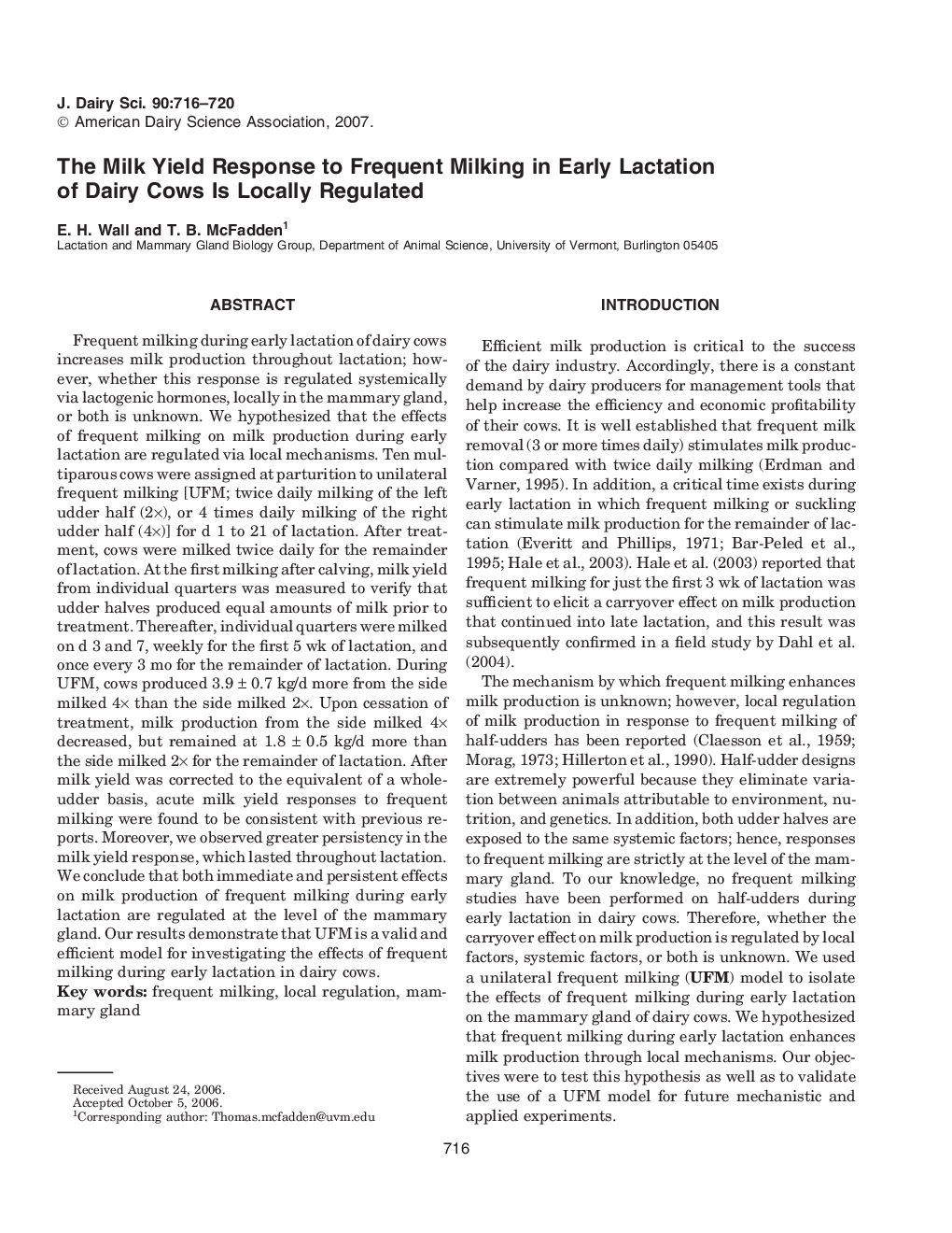 The Milk Yield Response to Frequent Milking in Early Lactation of Dairy Cows Is Locally Regulated