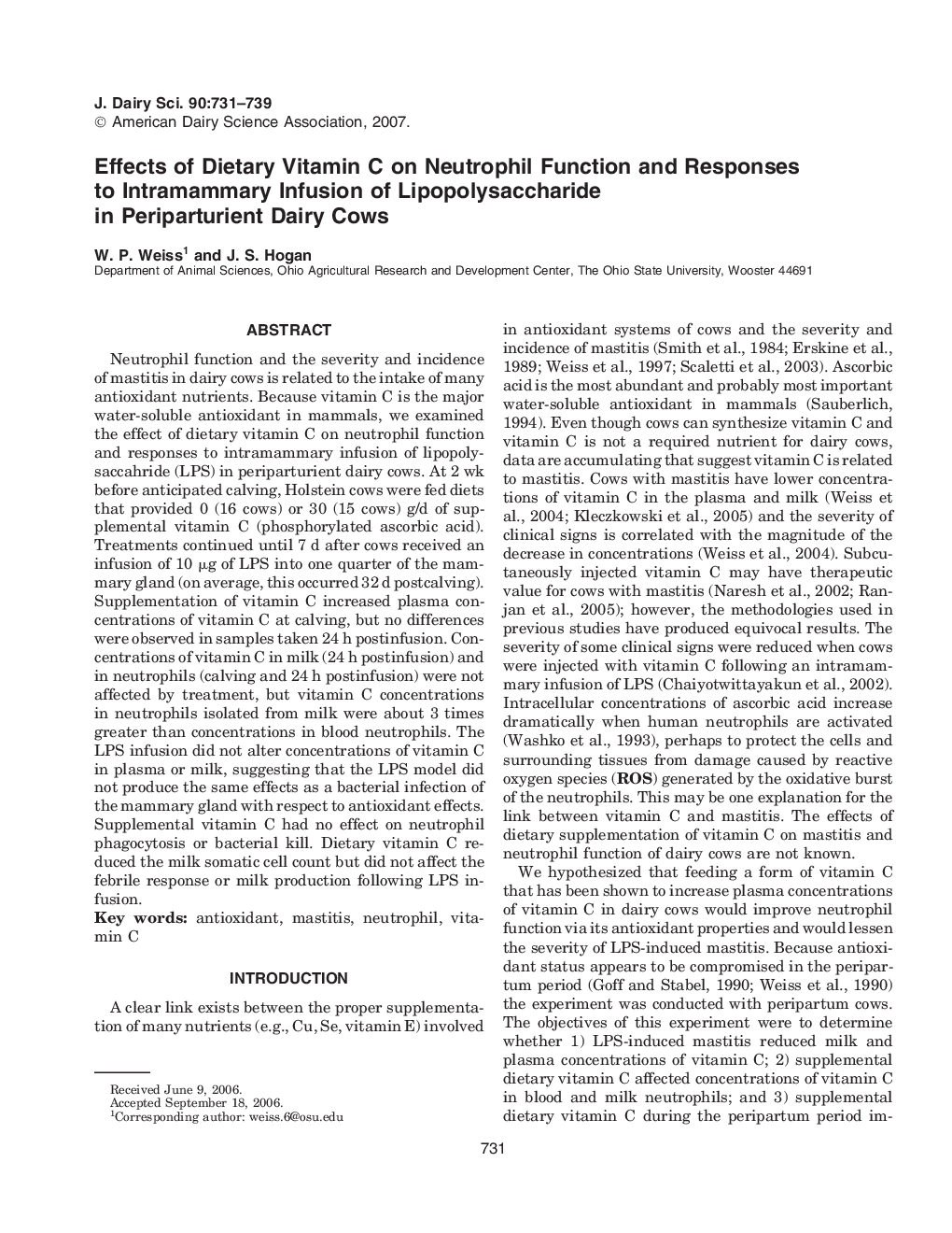 Effects of Dietary Vitamin C on Neutrophil Function and Responses to Intramammary Infusion of Lipopolysaccharide in Periparturient Dairy Cows