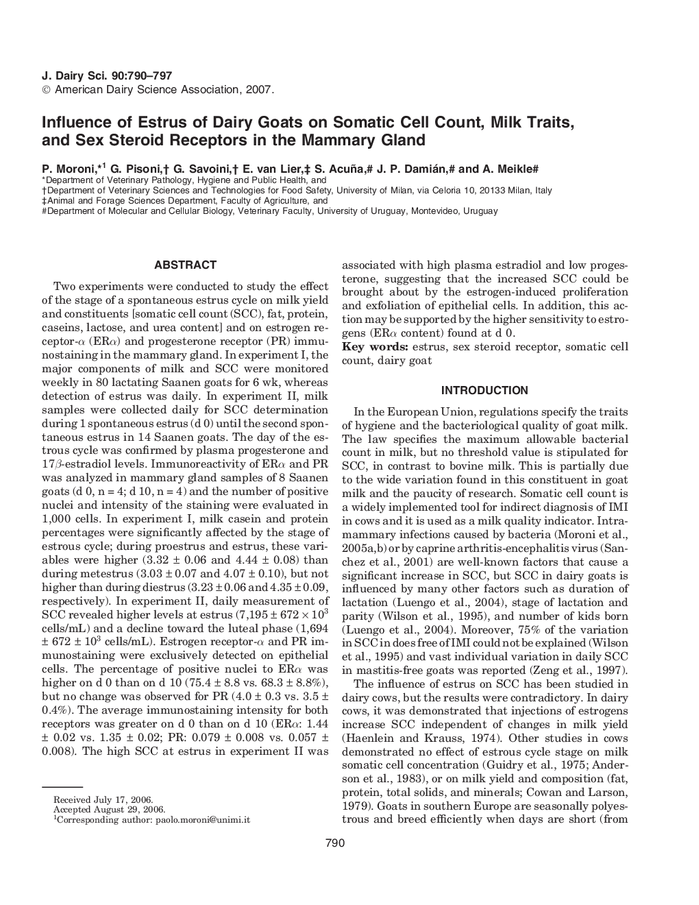 Influence of Estrus of Dairy Goats on Somatic Cell Count, Milk Traits, and Sex Steroid Receptors in the Mammary Gland