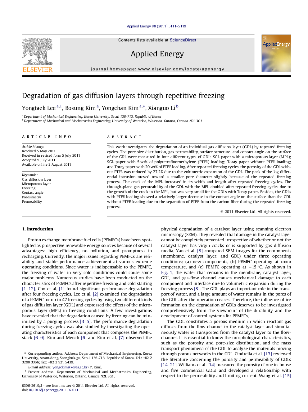 Degradation of gas diffusion layers through repetitive freezing