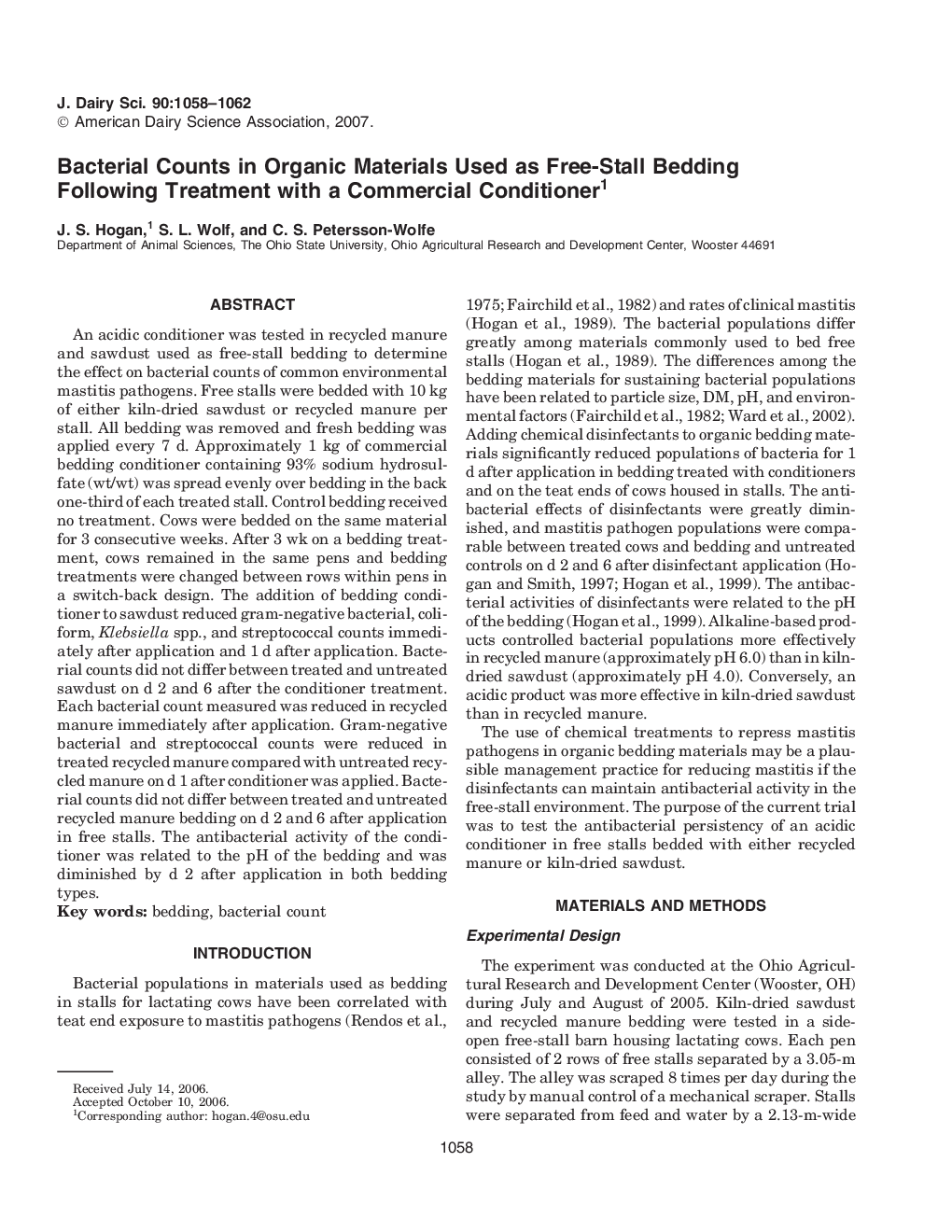 Bacterial Counts in Organic Materials Used as Free-Stall Bedding Following Treatment with a Commercial Conditioner