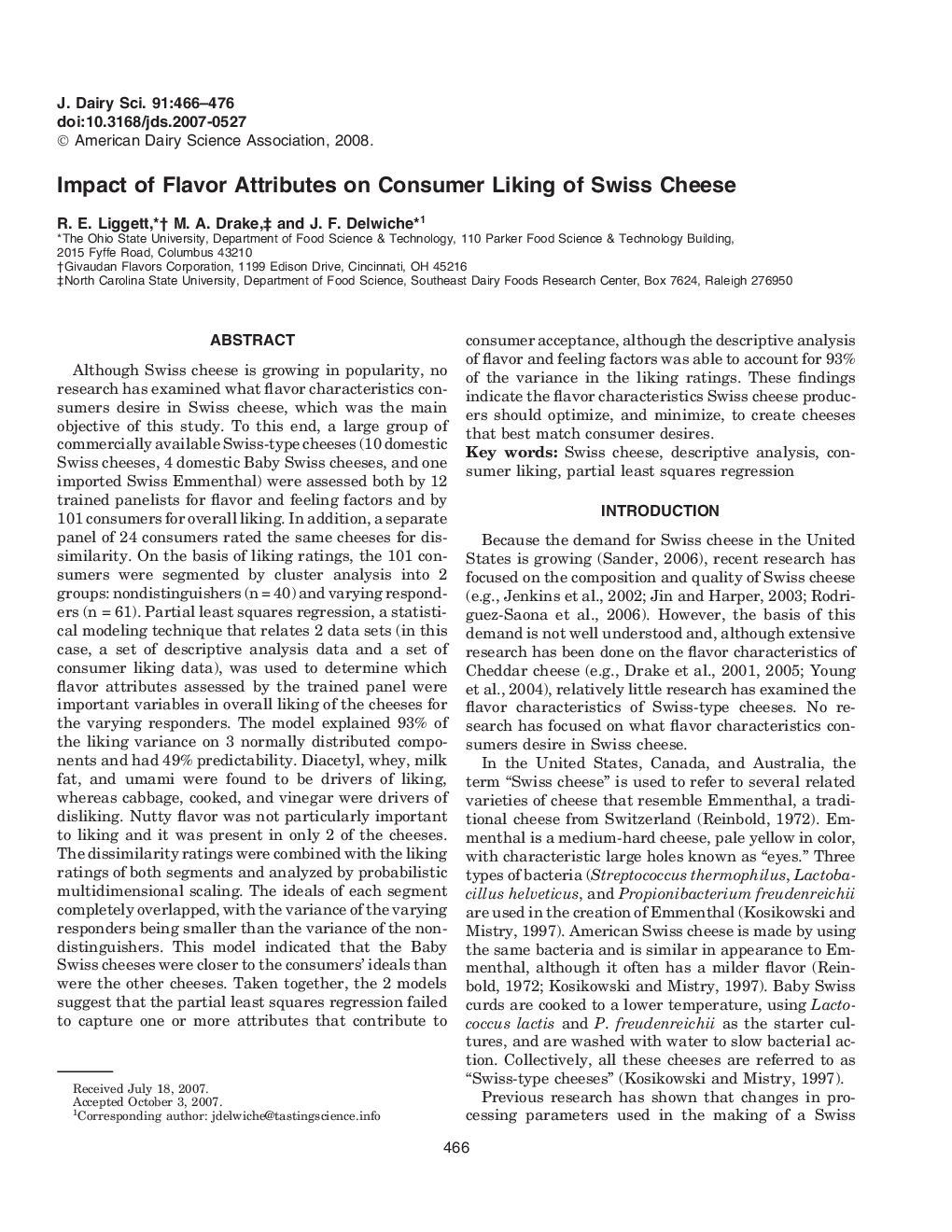 Impact of Flavor Attributes on Consumer Liking of Swiss Cheese