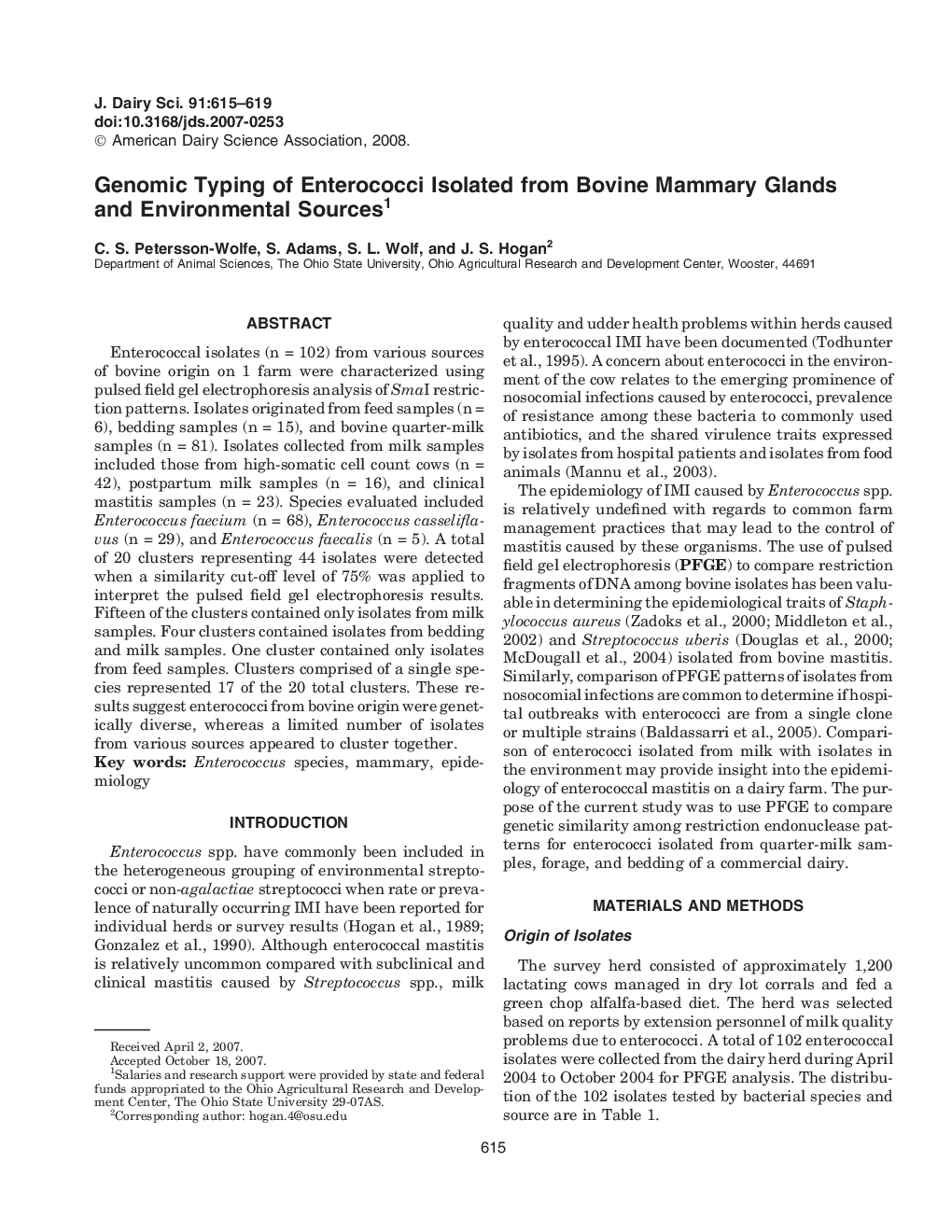 Genomic Typing of Enterococci Isolated from Bovine Mammary Glands and Environmental Sources1