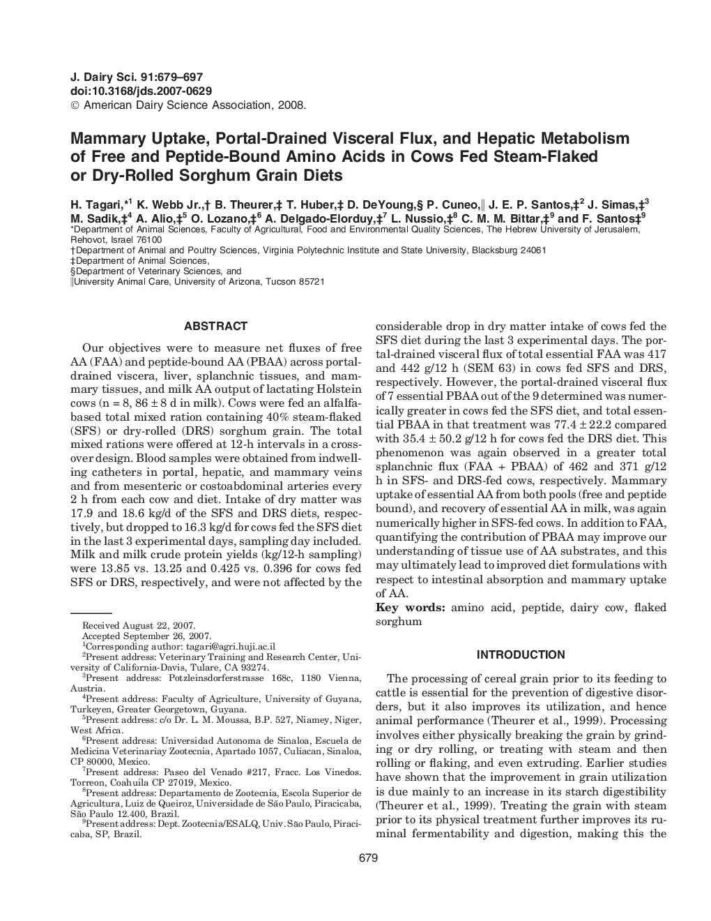 Mammary Uptake, Portal-Drained Visceral Flux, and Hepatic Metabolism of Free and Peptide-Bound Amino Acids in Cows Fed Steam-Flaked or Dry-Rolled Sorghum Grain Diets