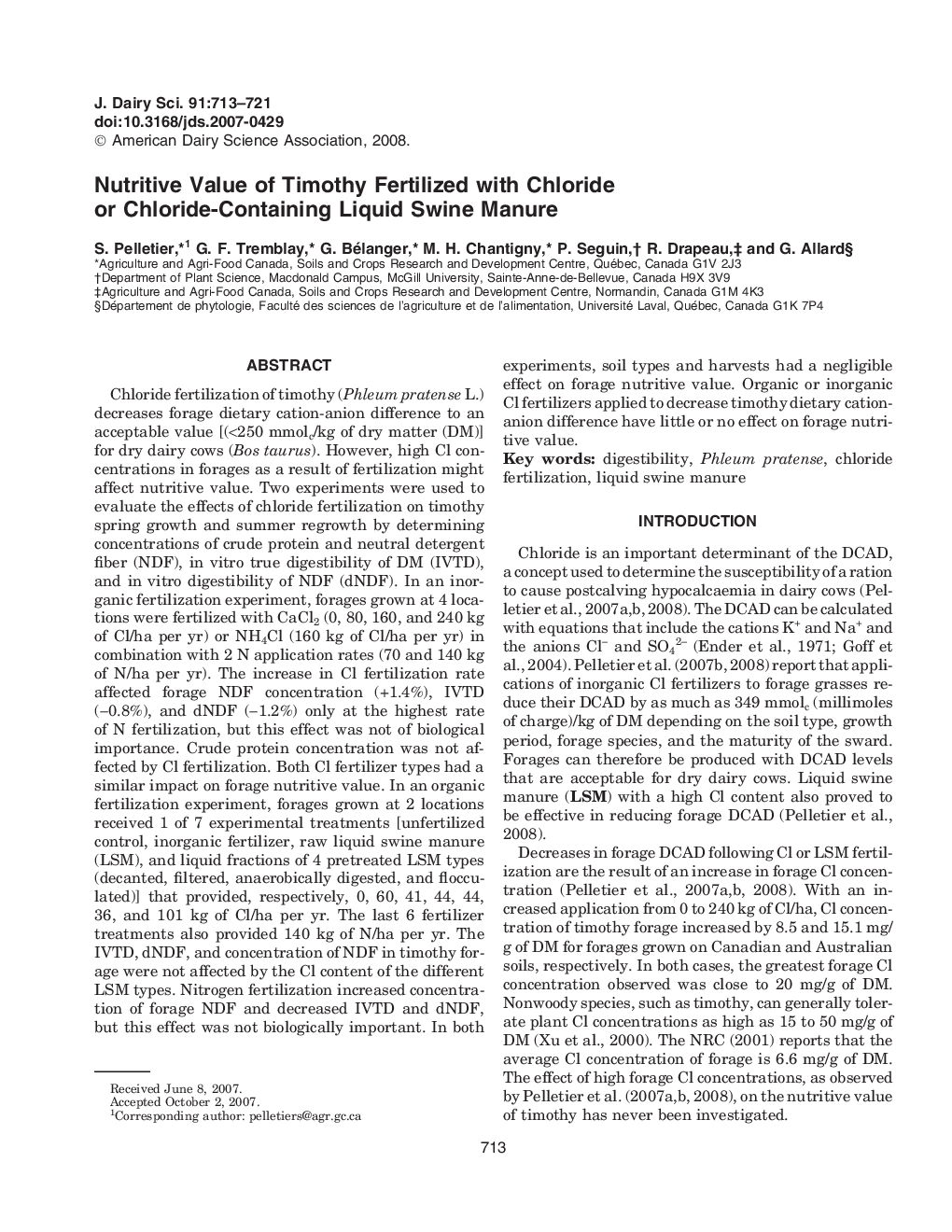 Nutritive Value of Timothy Fertilized with Chloride or Chloride-Containing Liquid Swine Manure
