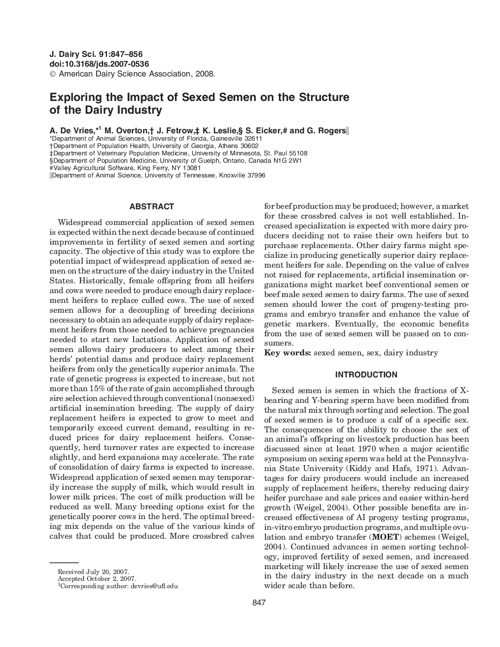 Exploring the Impact of Sexed Semen on the Structure of the Dairy Industry