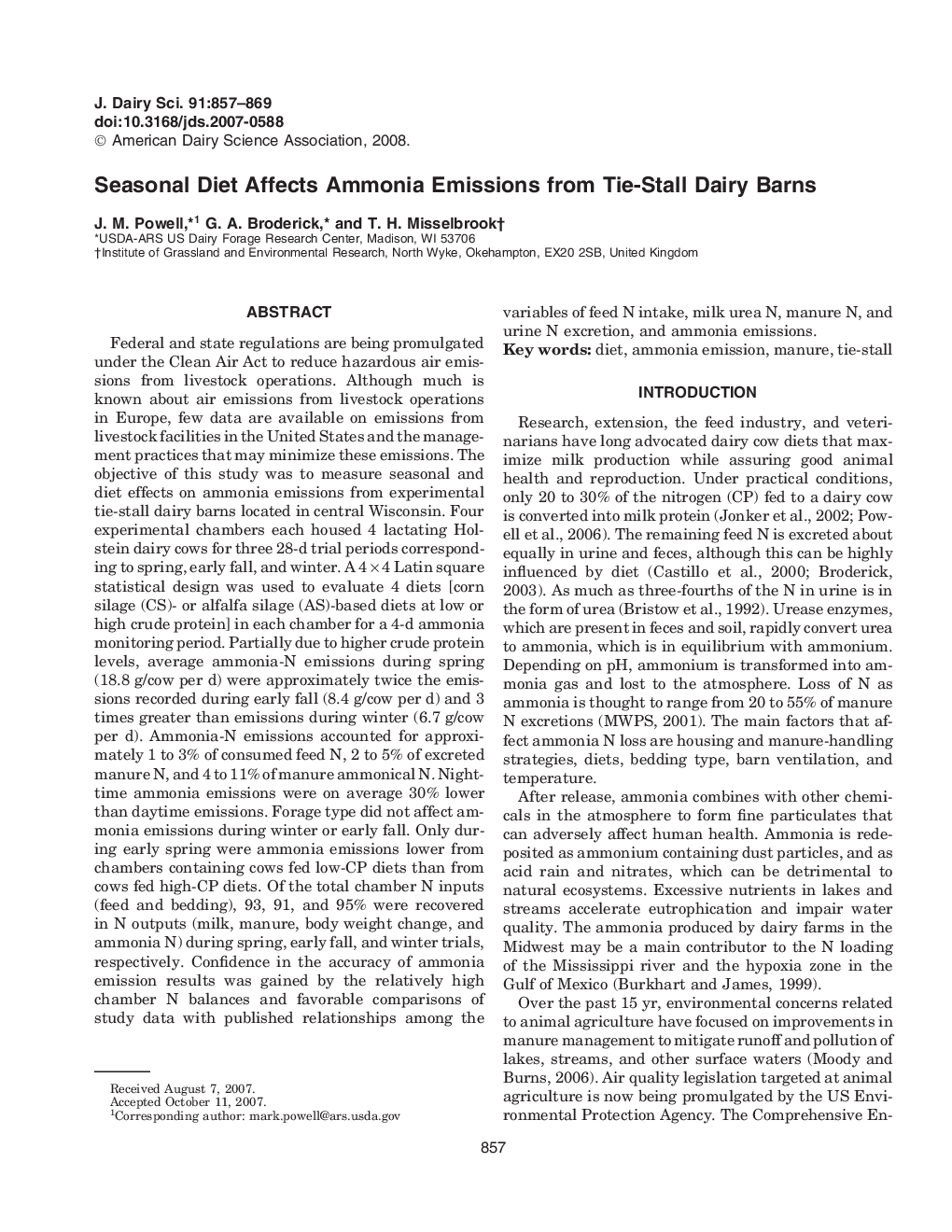 Seasonal Diet Affects Ammonia Emissions from Tie-Stall Dairy Barns