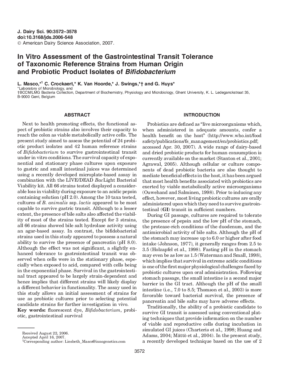 In Vitro Assessment of the Gastrointestinal Transit Tolerance of Taxonomic Reference Strains from Human Origin and Probiotic Product Isolates of Bifidobacterium