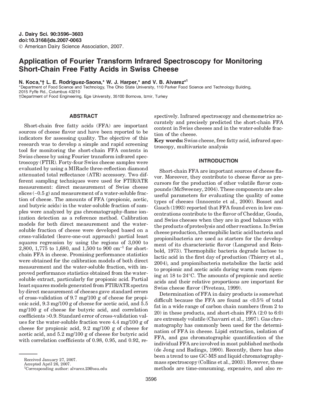 Application of Fourier Transform Infrared Spectroscopy for Monitoring Short-Chain Free Fatty Acids in Swiss Cheese