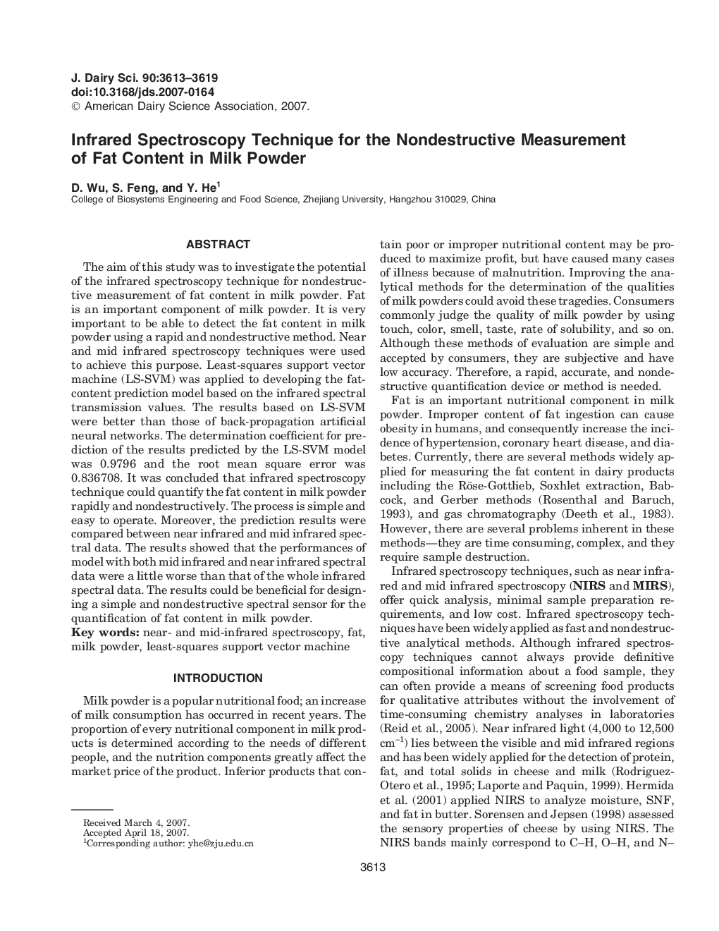 Infrared Spectroscopy Technique for the Nondestructive Measurement of Fat Content in Milk Powder