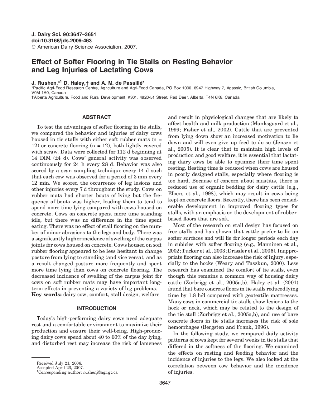 Effect of Softer Flooring in Tie Stalls on Resting Behavior and Leg Injuries of Lactating Cows