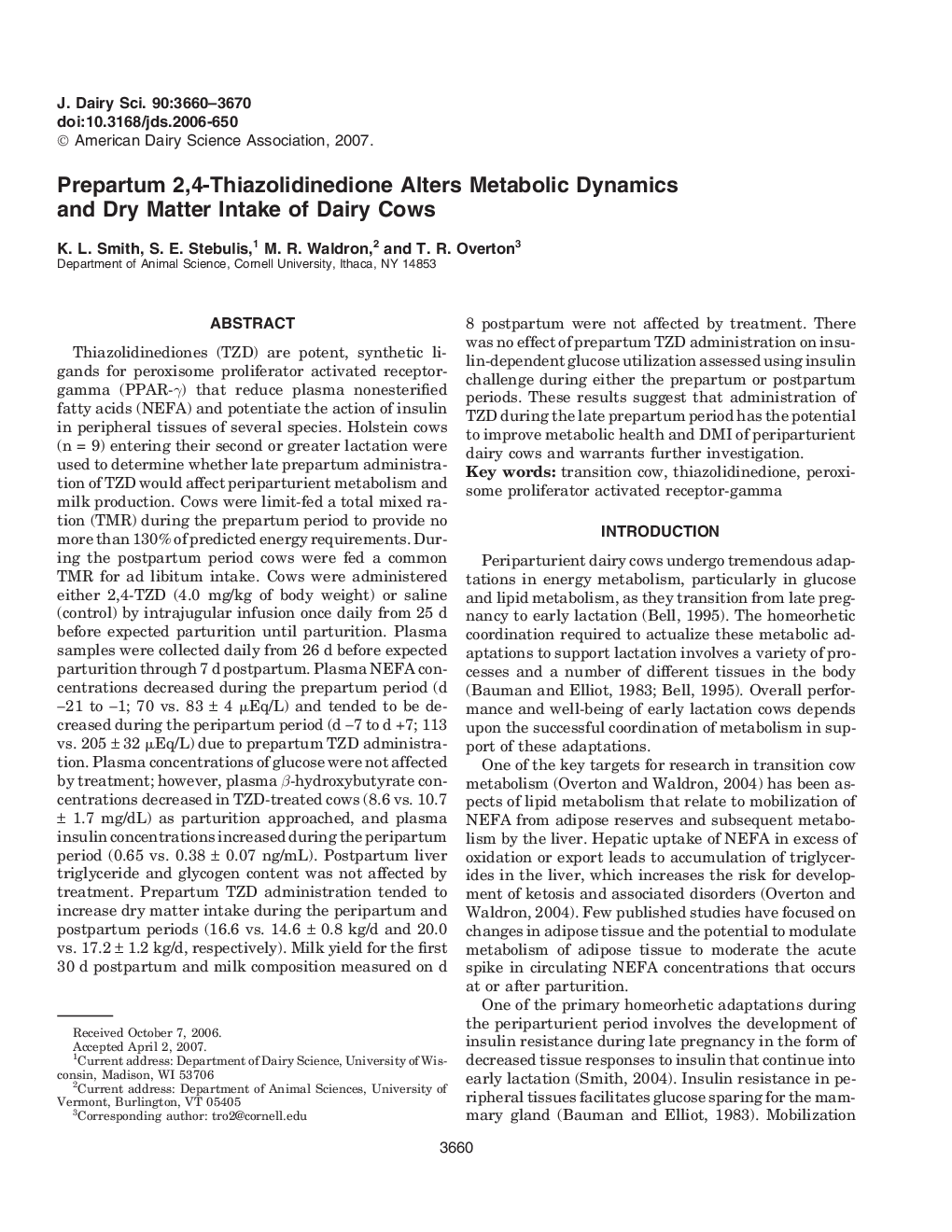 Prepartum 2,4-Thiazolidinedione Alters Metabolic Dynamics and Dry Matter Intake of Dairy Cows