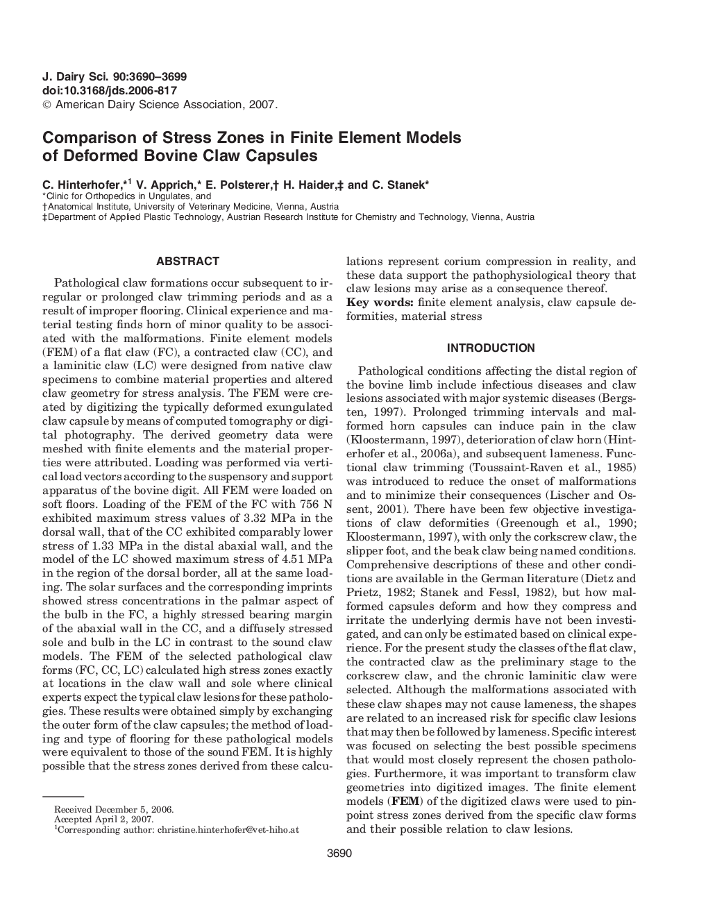 Comparison of Stress Zones in Finite Element Models of Deformed Bovine Claw Capsules