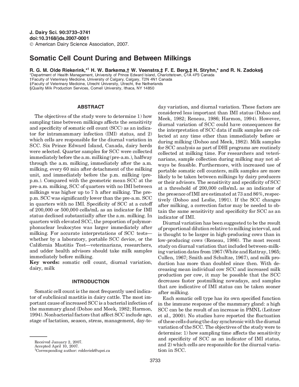 Somatic Cell Count During and Between Milkings