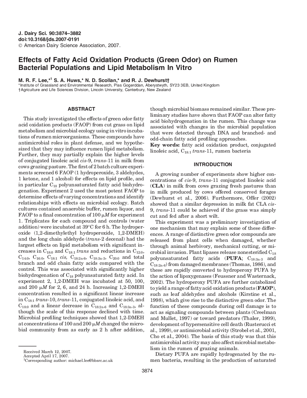 Effects of Fatty Acid Oxidation Products (Green Odor) on Rumen Bacterial Populations and Lipid Metabolism In Vitro