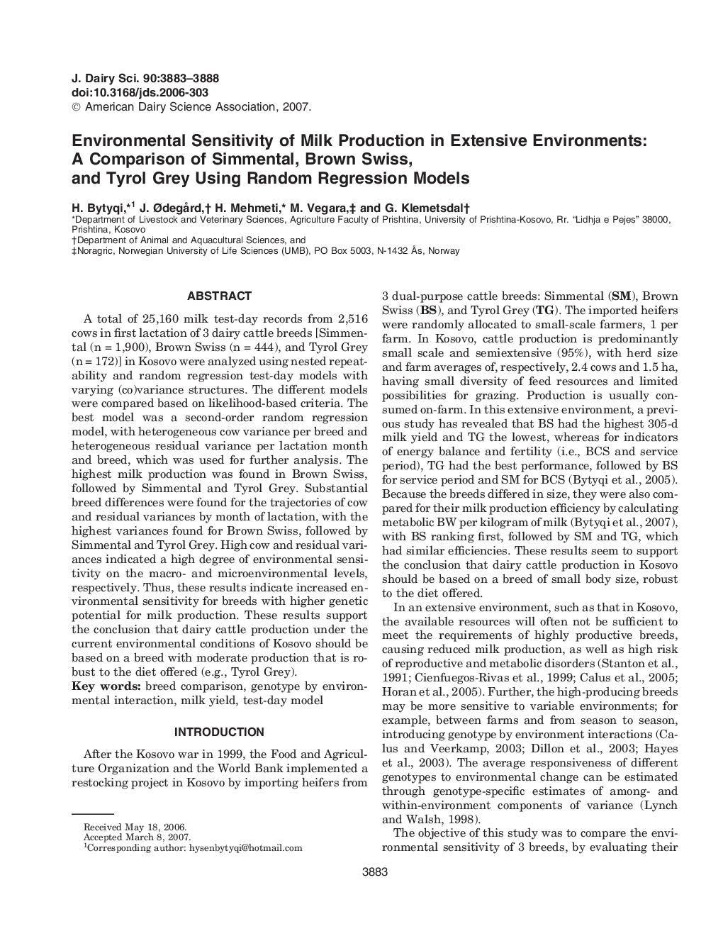 Environmental Sensitivity of Milk Production in Extensive Environments: A Comparison of Simmental, Brown Swiss, and Tyrol Grey Using Random Regression Models