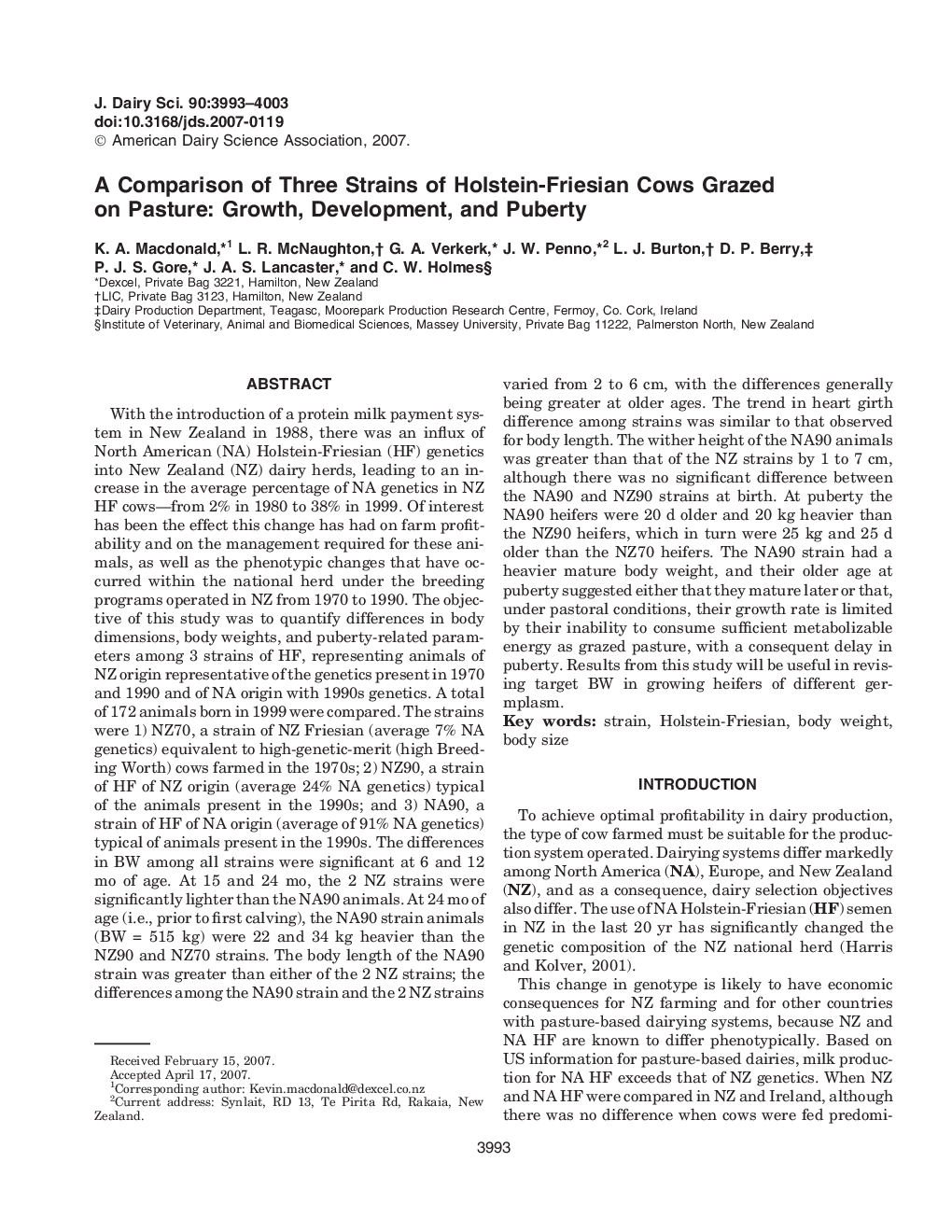 A Comparison of Three Strains of Holstein-Friesian Cows Grazed on Pasture: Growth, Development, and Puberty