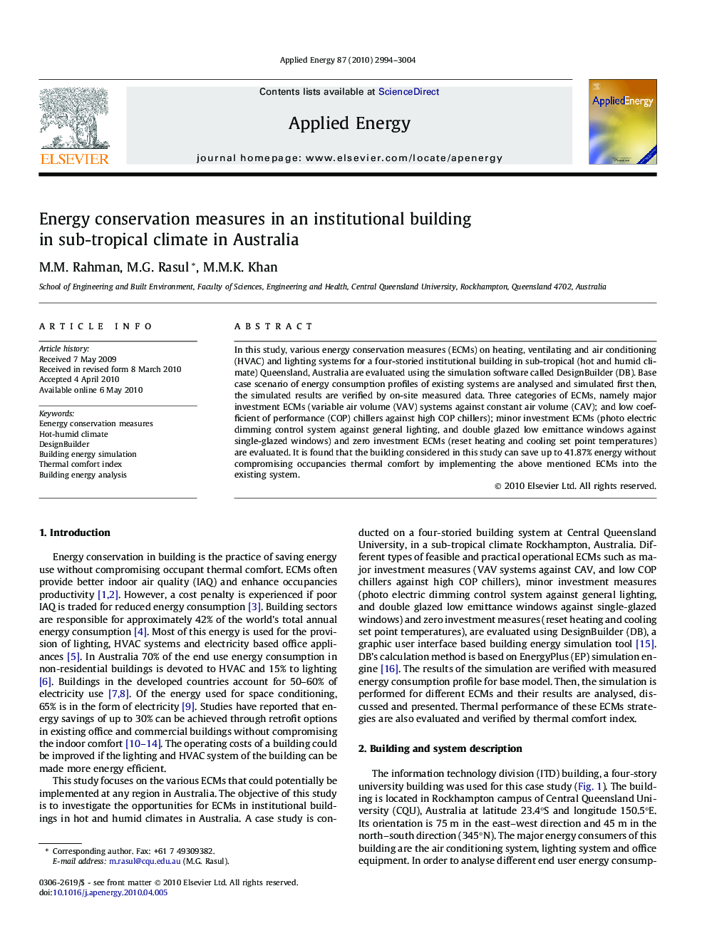 Energy conservation measures in an institutional building in sub-tropical climate in Australia