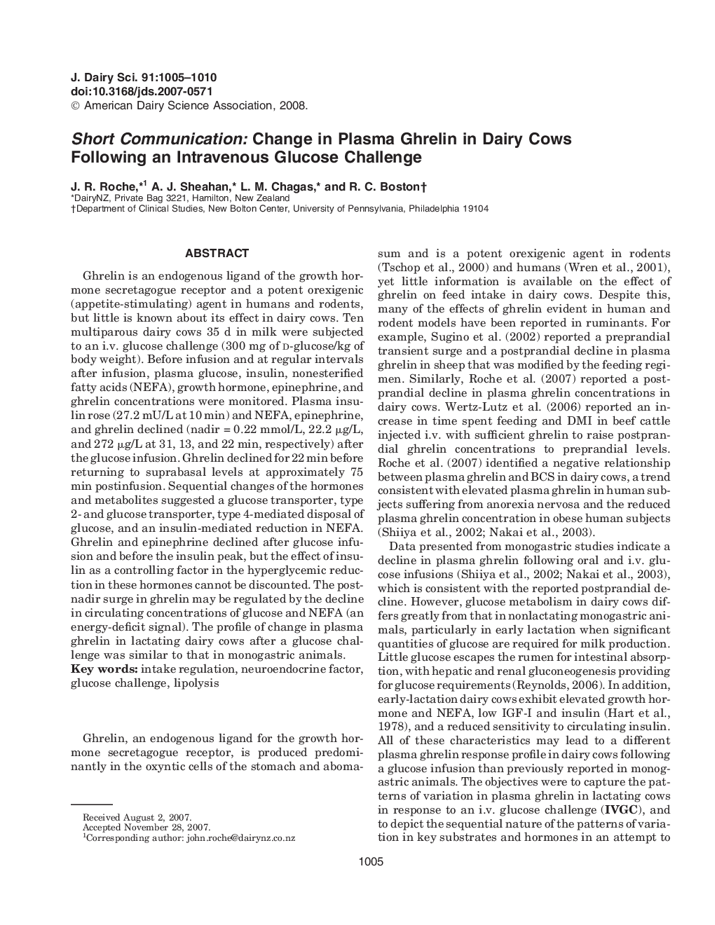 Short Communication: Change in Plasma Ghrelin in Dairy Cows Following an Intravenous Glucose Challenge