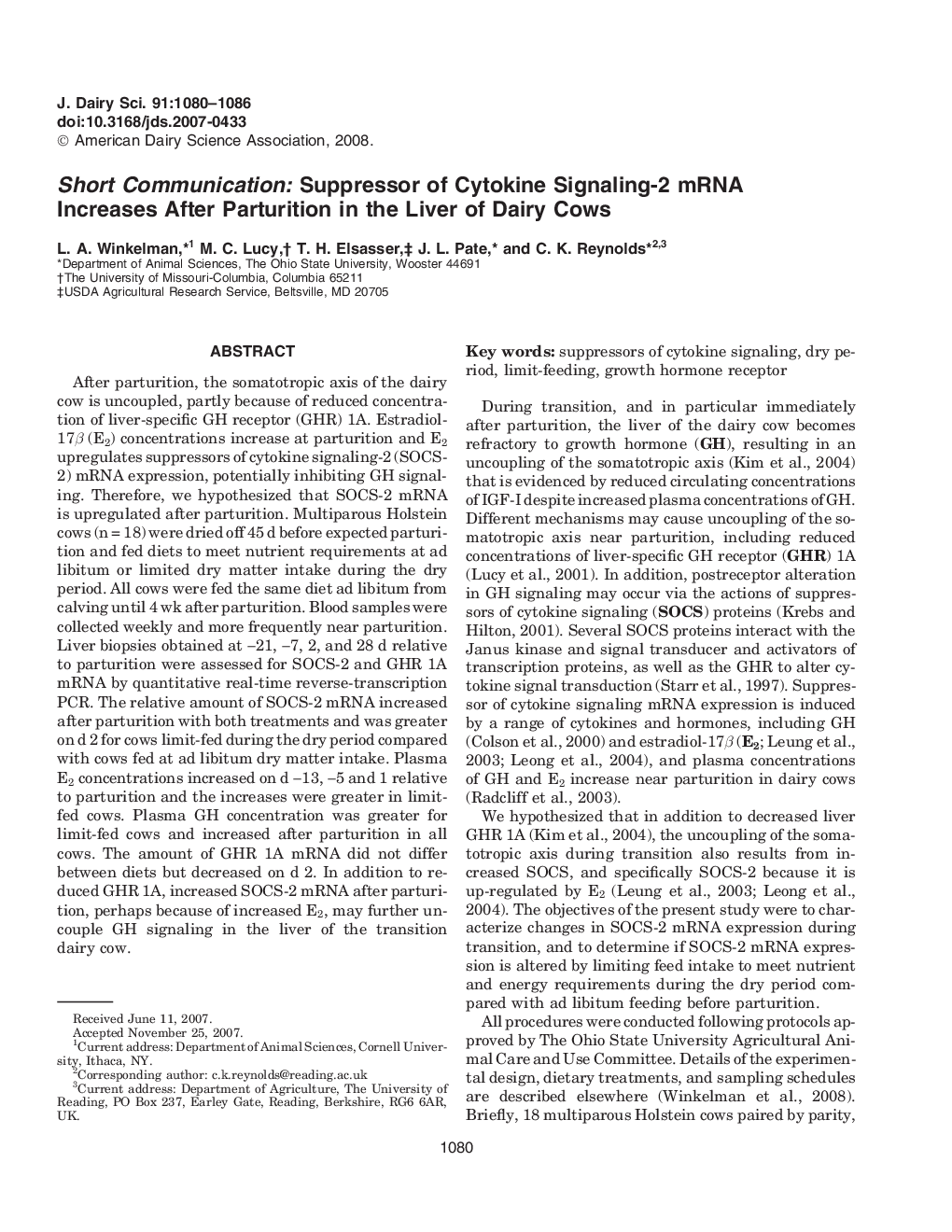 Short Communication: Suppressor of Cytokine Signaling-2 mRNA Increases After Parturition in the Liver of Dairy Cows