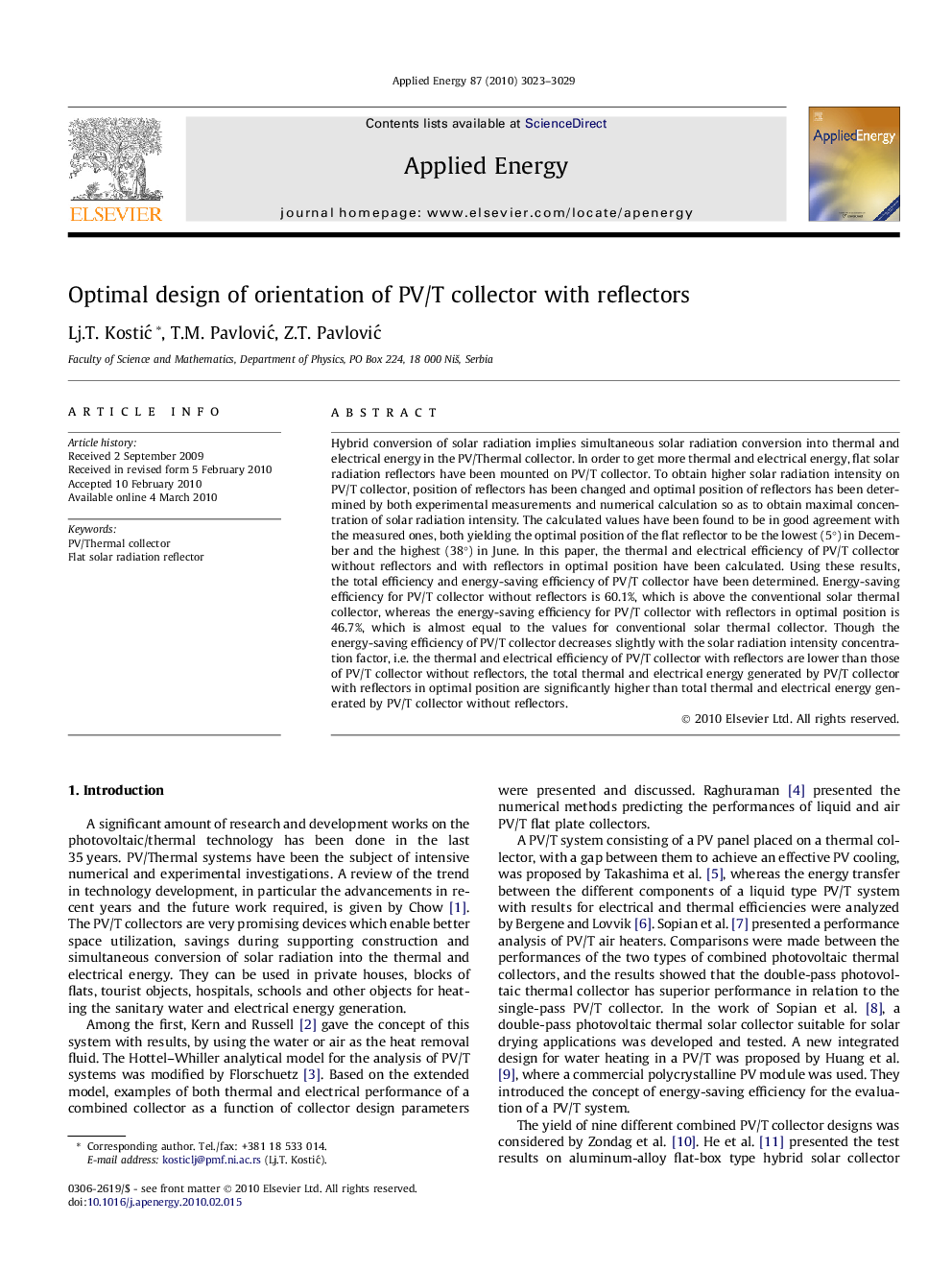 Optimal design of orientation of PV/T collector with reflectors