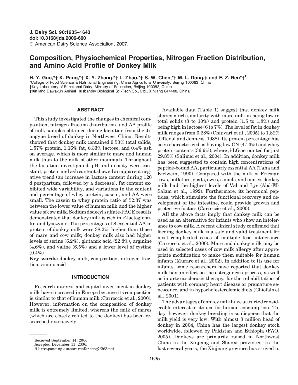 Composition, Physiochemical Properties, Nitrogen Fraction Distribution, and Amino Acid Profile of Donkey Milk