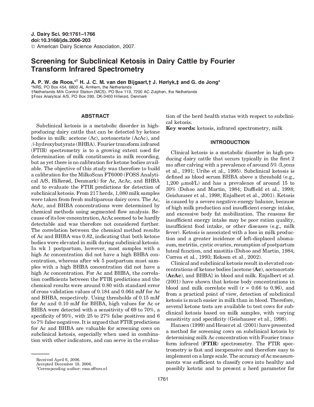 Screening for Subclinical Ketosis in Dairy Cattle by Fourier Transform Infrared Spectrometry