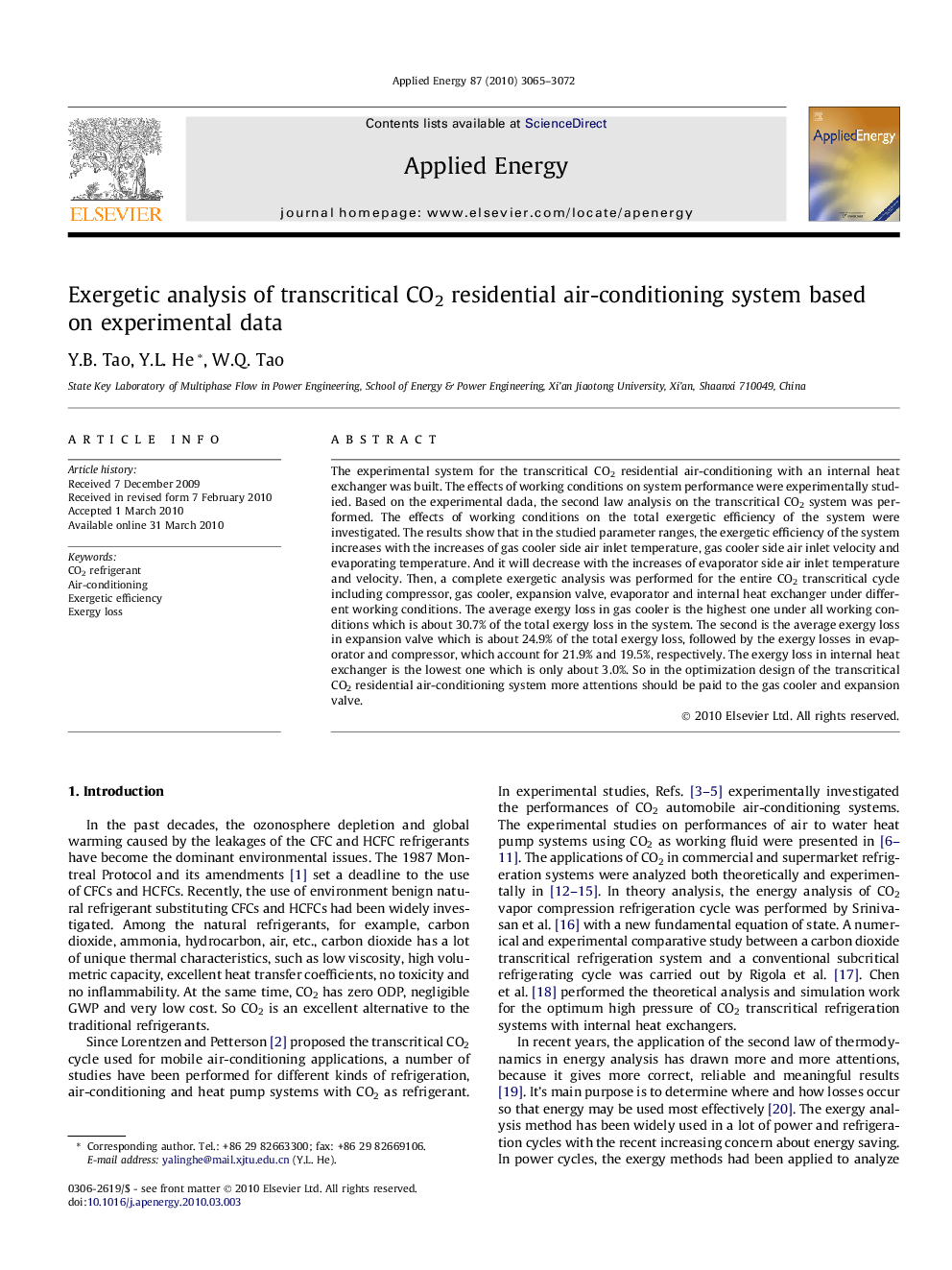 Exergetic analysis of transcritical CO2 residential air-conditioning system based on experimental data