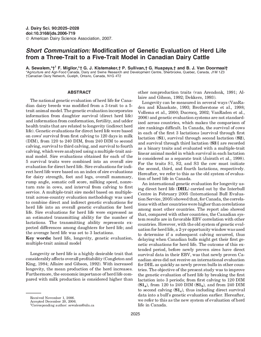 Short Communication: Modification of Genetic Evaluation of Herd Life from a Three-Trait to a Five-Trait Model in Canadian Dairy Cattle