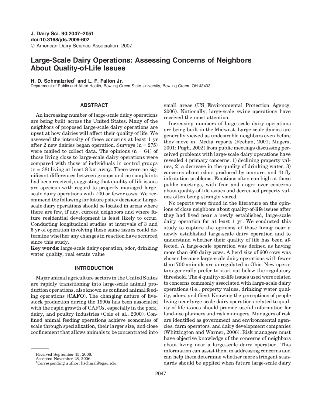 Large-Scale Dairy Operations: Assessing Concerns of Neighbors About Quality-of-Life Issues