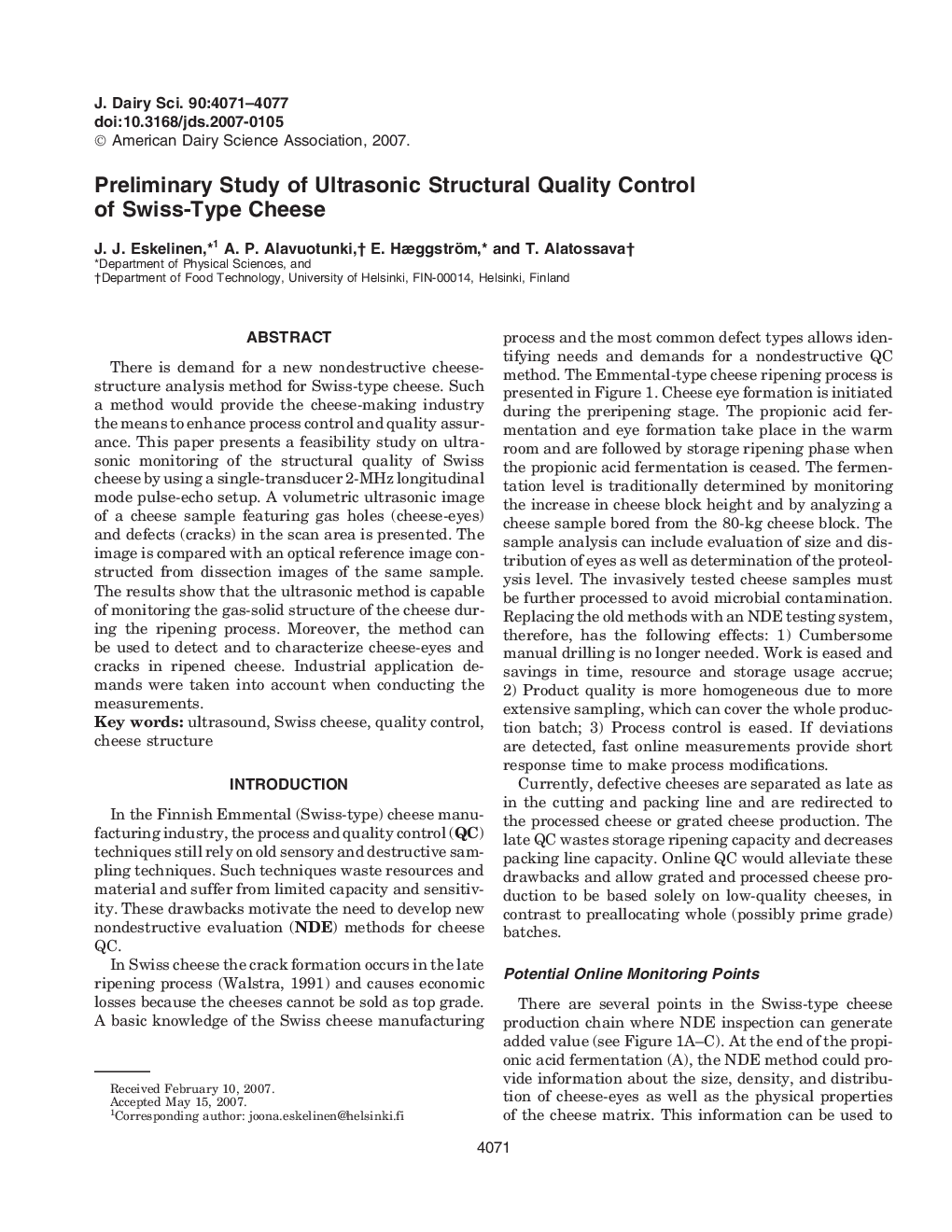 Preliminary Study of Ultrasonic Structural Quality Control of Swiss-Type Cheese