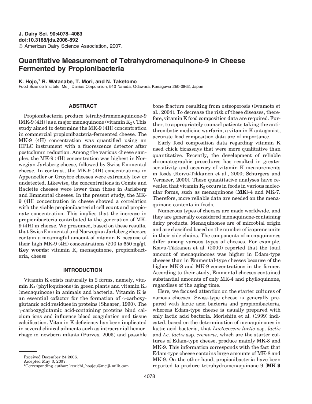 Quantitative Measurement of Tetrahydromenaquinone-9 in Cheese Fermented by Propionibacteria