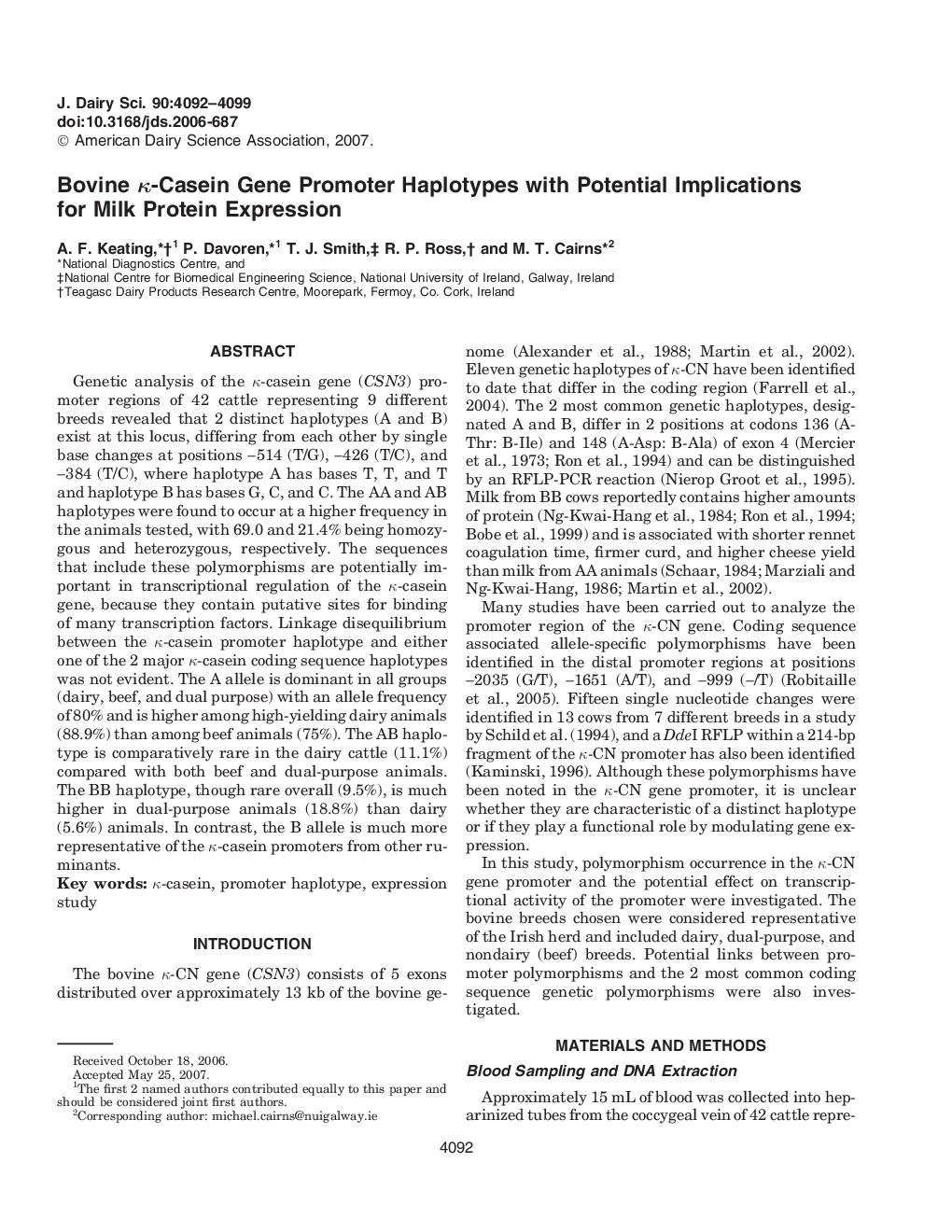 Bovine Îº-Casein Gene Promoter Haplotypes with Potential Implications for Milk Protein Expression