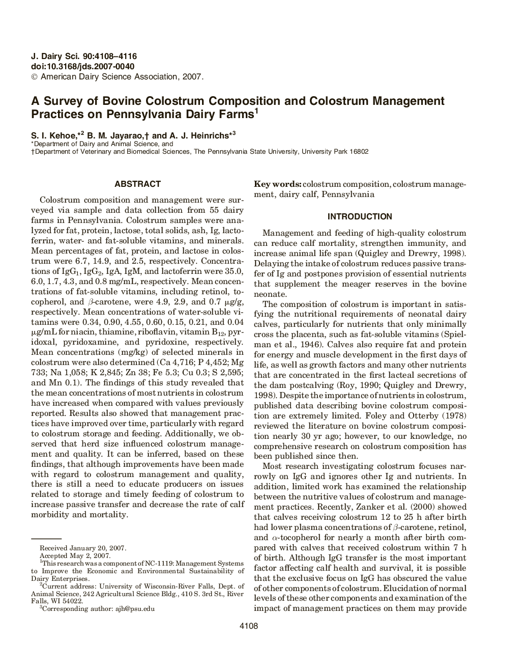 A Survey of Bovine Colostrum Composition and Colostrum Management Practices on Pennsylvania Dairy Farms1