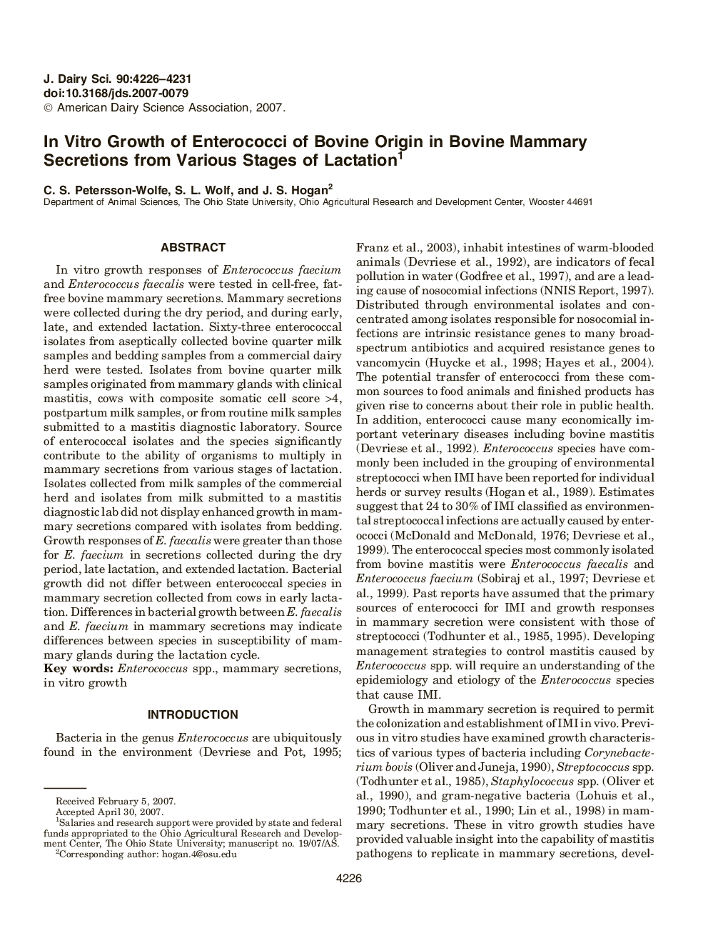 In Vitro Growth of Enterococci of Bovine Origin in Bovine Mammary Secretions from Various Stages of Lactation1