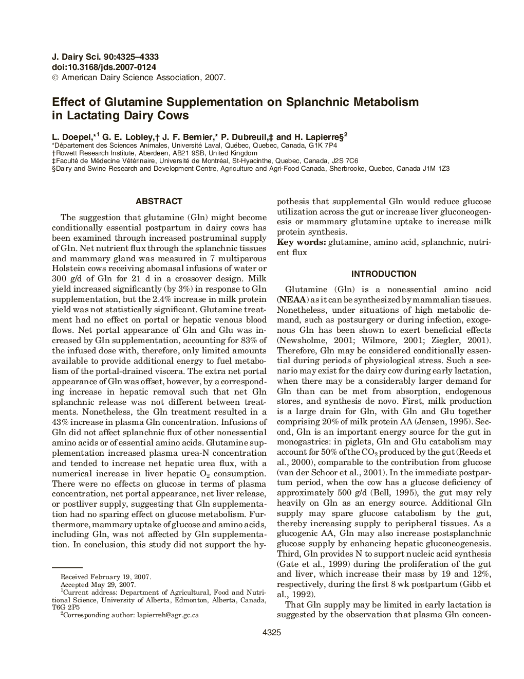 Effect of Glutamine Supplementation on Splanchnic Metabolism in Lactating Dairy Cows