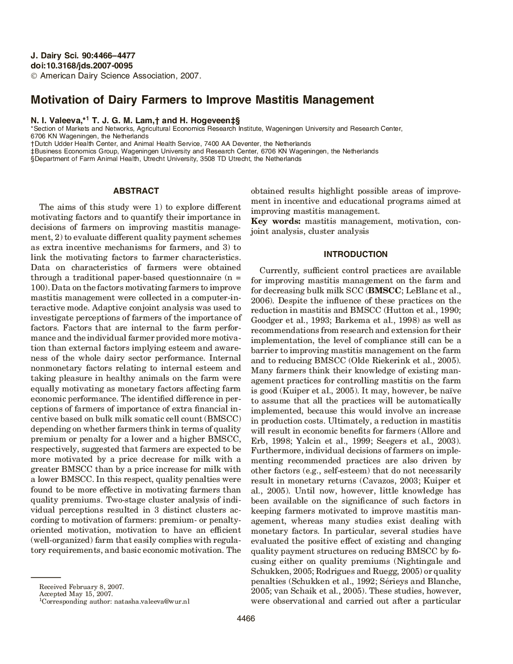 Motivation of Dairy Farmers to Improve Mastitis Management