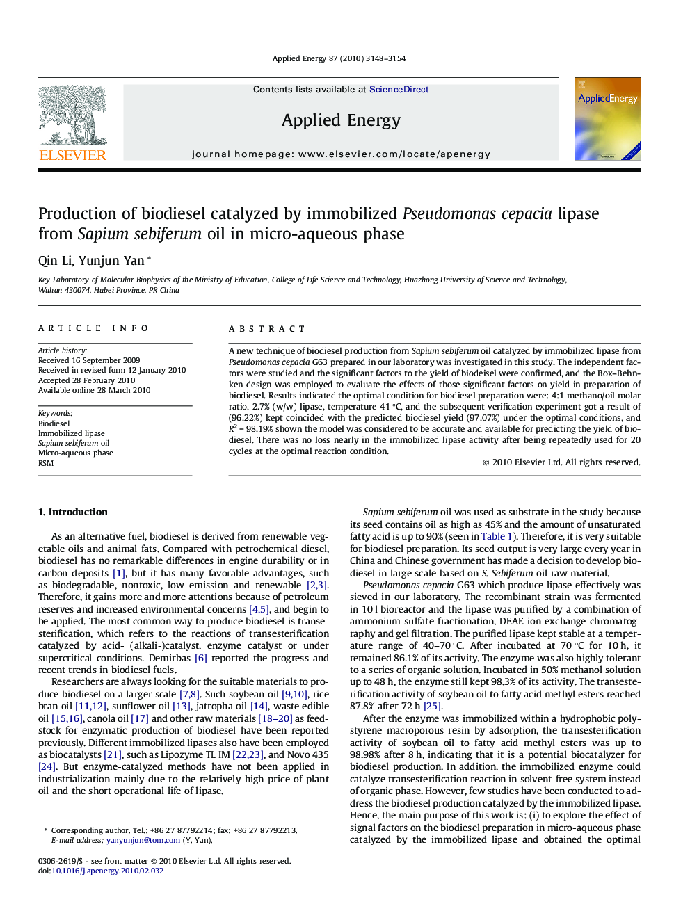 Production of biodiesel catalyzed by immobilized Pseudomonas cepacia lipase from Sapium sebiferum oil in micro-aqueous phase