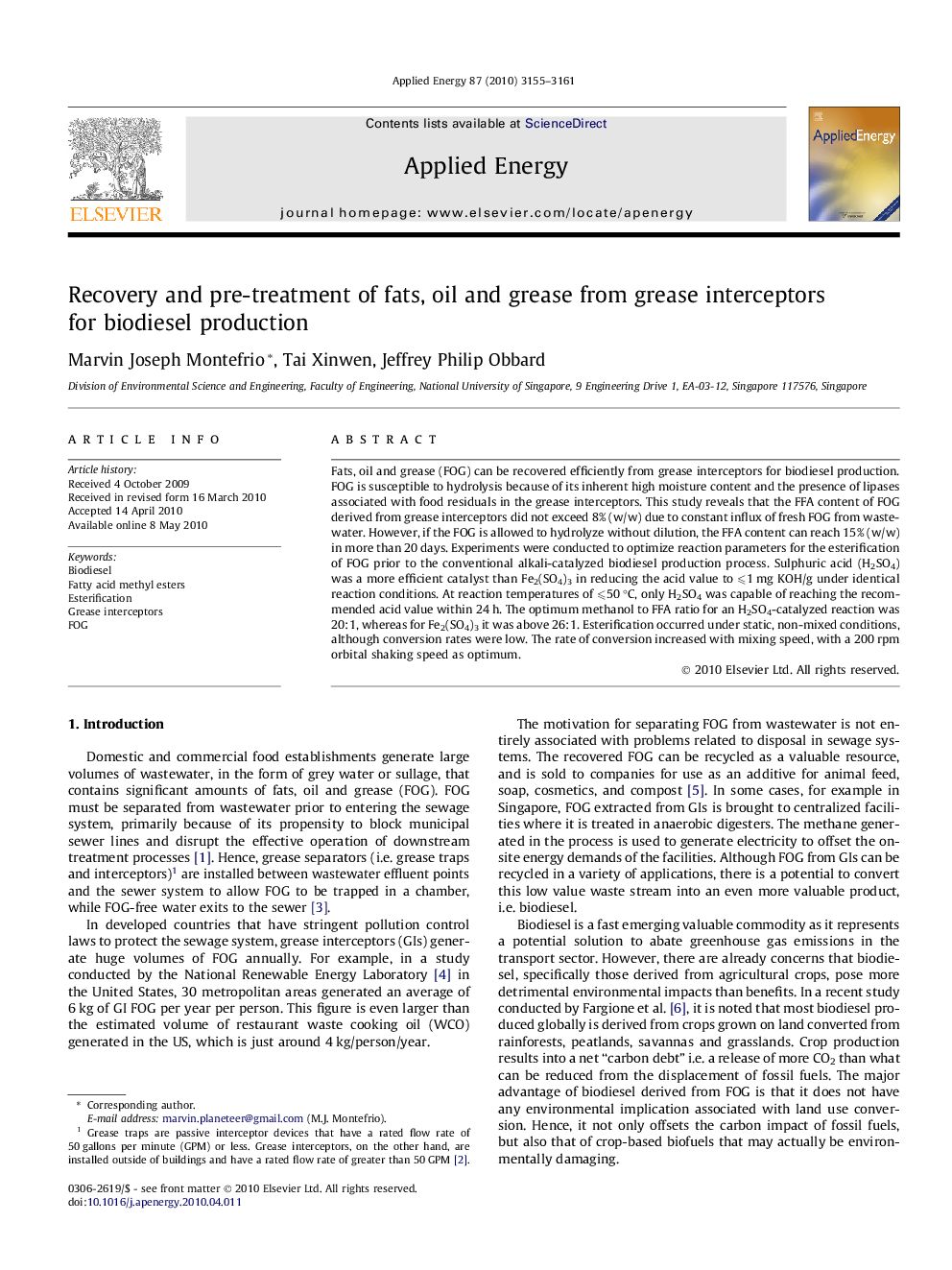 Recovery and pre-treatment of fats, oil and grease from grease interceptors for biodiesel production