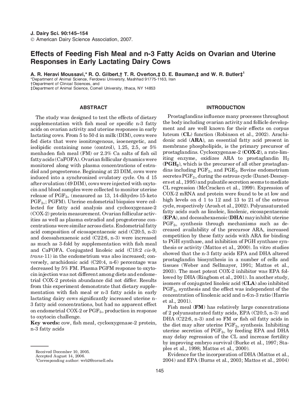 Effects of Feeding Fish Meal and n-3 Fatty Acids on Ovarian and Uterine Responses in Early Lactating Dairy Cows