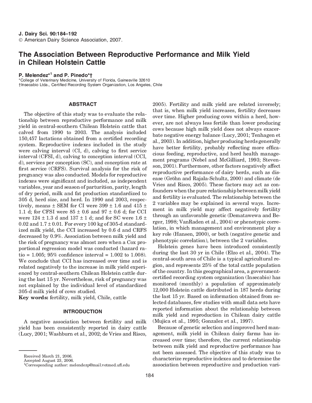 The Association Between Reproductive Performance and Milk Yield in Chilean Holstein Cattle