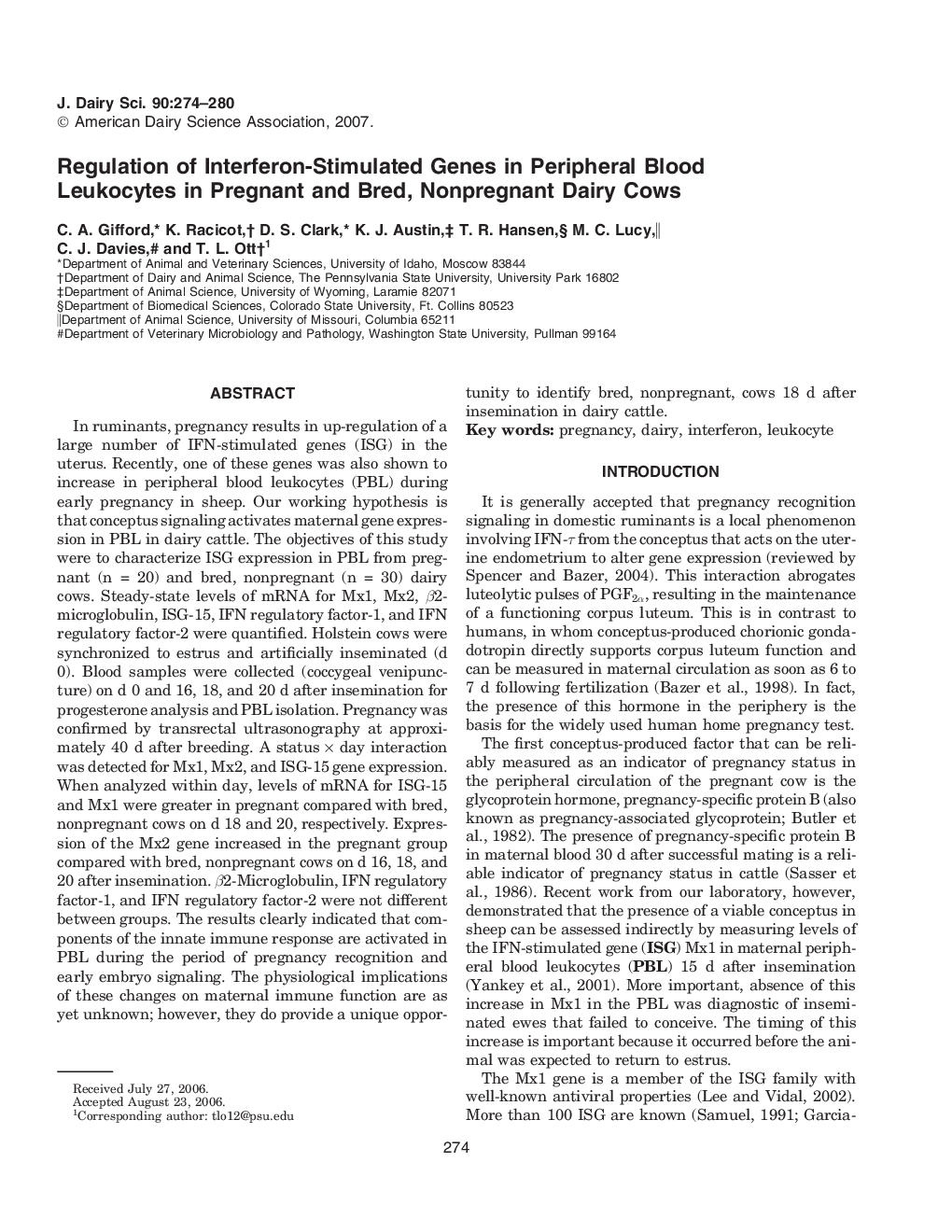 Regulation of Interferon-Stimulated Genes in Peripheral Blood Leukocytes in Pregnant and Bred, Nonpregnant Dairy Cows